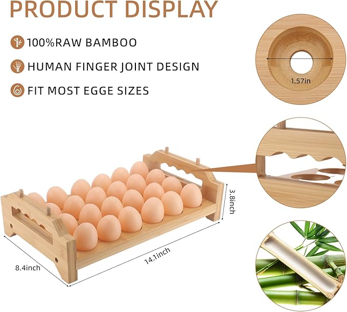 Bamboo Egg Holder 24 Pcs Eggs Rack Countertop Storage, Surface Paint & Handle Design for Kitchen Fresh Egg Holder Countertop and Fridge Egg Organizer