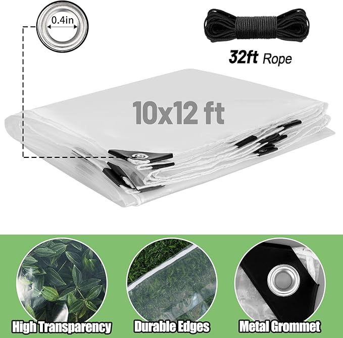 10x12ft Anti-Tear Clear Tarp Waterproof for Patio Winterizing - 5 mil Snowproof & Windproof Clear Plastic Tarps with Grommets for Garden Enclosure Chicken Coop