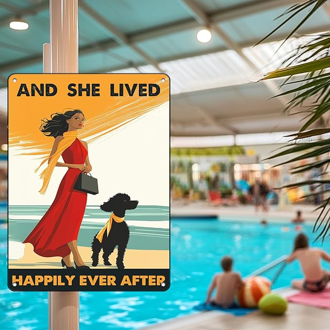 Vintage Tin Sign Metal Poster Plaque Poodle Girl and She Lived Happily Ever After Dog Metal Sign Iron Painting Retro Wall Decor Poster for Home Hotel Cafes 12x16 Inch