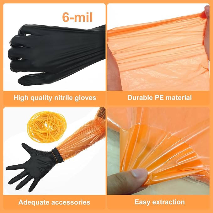 50 Pairs Field Dressing Gloves Disposable Deer Gutting Mittens Hunting Cleaning Gloves Combo with Long Arm Glove and Short Nitrile Glove for Hunting Cleaning Accessories