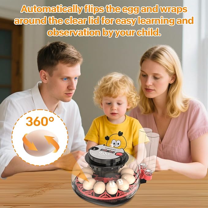 Incubators for Hatching Eggs,Chicken Egg Incubator,Egg Incubator with Automatic Turning with Temperature & Humidity Control,360° Viewing Display,Includes Egg Observation Light,12 Eggs