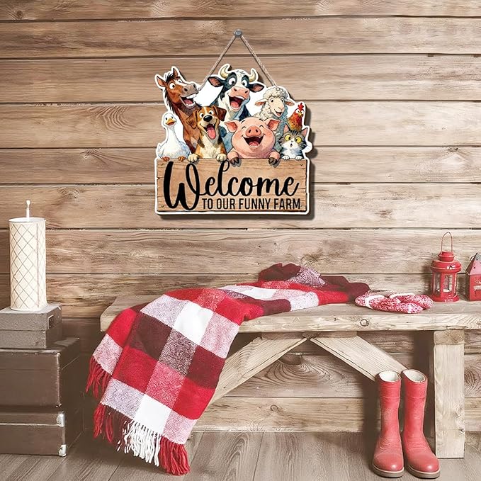 Farmhouse Wall Decor, Welcome to Our Funny Farm Animal Sign, Rustic Wood Hanging Plaque, Cartoon Watercolor Style Wall Art Painting for Porch Entryway Kitchen or Bedroom, 10.2x9.8 Inches