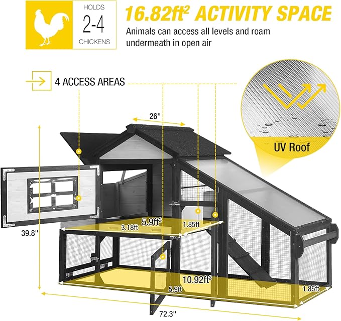Aivituvin Mobile Chicken Coop with Wheels for 2-4 Chickens, Backyard Expandable Chicken House Duck Cage with Run, 2 Nesting Boxes, Easy Clean Pull-Out Tray, Leak-Resistant Asphalt Roof, 72.3"(Black)