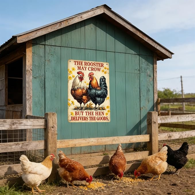 Funny Rooster Signs The Rooster May Crow But The Hen Delivers The Goods Rustic Tin Sign for Home Farm Chicken Coop Decor 16x12 Inch
