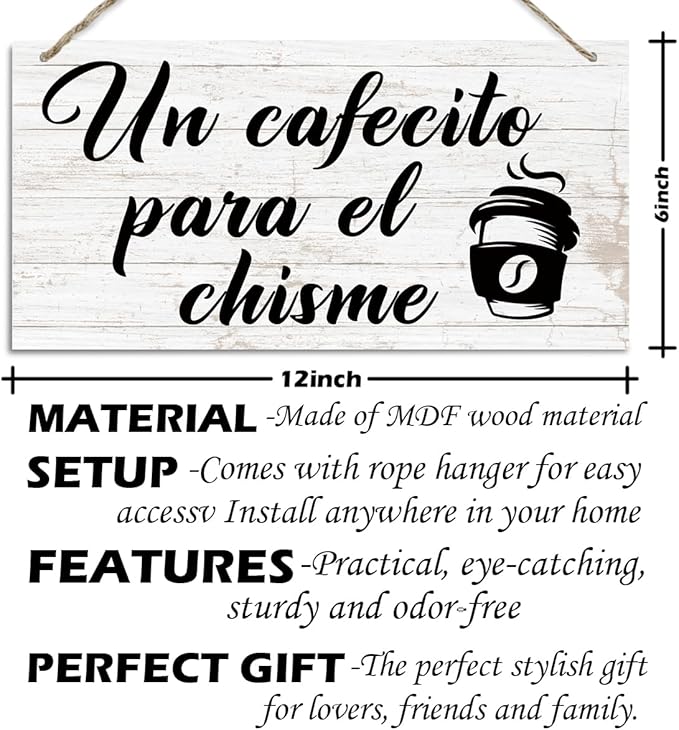 Coffee Bar Decor Sign, Un Cafecito Para el Chisme Decoration, Vintage Kitchen Decor, Funny Home Hanging Decors, Farmhouse Coffee Bar Decoration with Rope Hanging 12 x 6 Inches