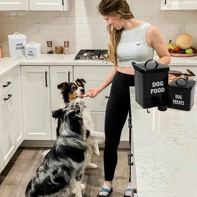 Morezi Dog Food Storage Container Farmhouse Pet Food Treats holder with Lid and Scoop, Perfect Sturdy Canister Tins for Kitchen Countertop, Shelf, Great Gift for Pet Owners - Dog Food - Black