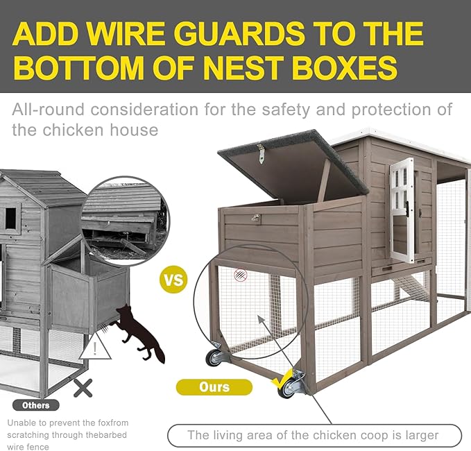 Chicken Coop Solid Wood with Large Run Cage 2 Stories - Asphalt Roof, Nest Box, Pu Wheels, Pole Chicken Perch