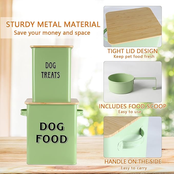 Morezi Dog Food Storage Container Farmhouse Pet Food Treats Bin with Lid and Scoop, Perfect Sturdy Canister Tins for Kitchen Countertop, Shelf, Great Gift for Pet Owners - Dog Food - Green