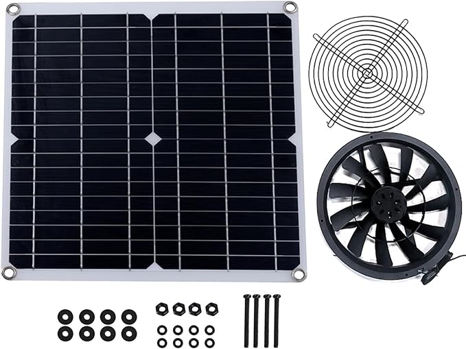 9.8in Solar Exhaust Fan Kit with 30W Solar Panel, Portable IP65 Waterproof Ventilation System for Greenhouse, Chicken Coop, Shed, Dog House - High Airflow, Durable ABS Material,