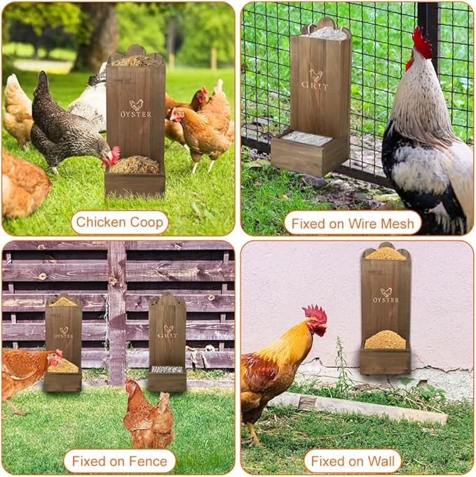 2 Pack Wooden Chicken Feeder, Oyster Shell and Grit Feeder Hanging/Ground Chicken Coop Feeder with Durable Iron Construction for Hens & Chicks