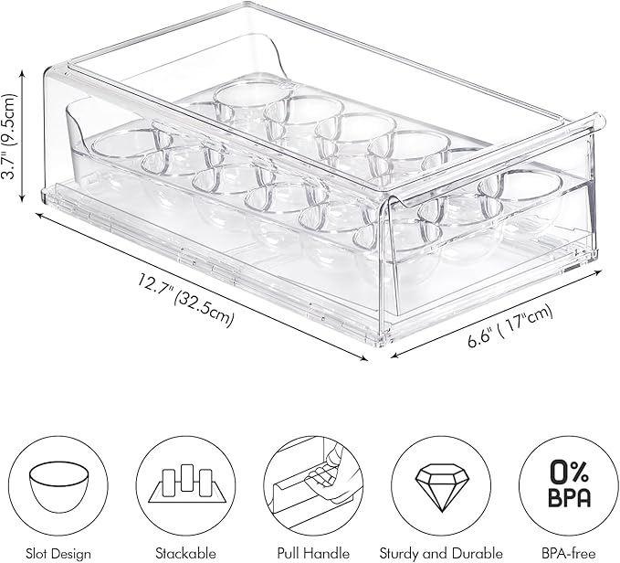 Egg Container for Refrigerator, Stackable Egg Holder, Drawer Type Egg Organizer Holds 18 Eggs – Transparent