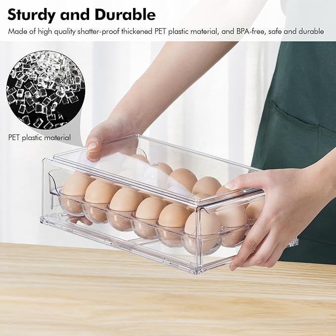 Egg Container for Refrigerator, Stackable Egg Holder, Drawer Type Egg Organizer Holds 18 Eggs – Transparent