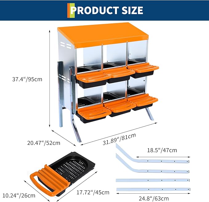 6-Hole Chicken Nesting Box, Roll Away Nest with Removable Tray, Rustproof Galvanized Steel, Easy Egg Collection & Cleaning, Wall-Mount Design - Orange