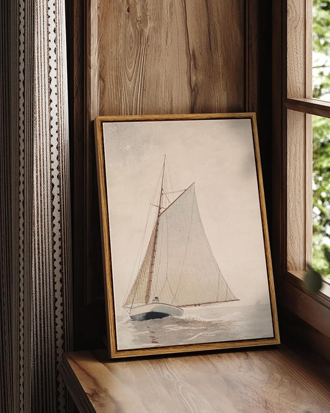 InSimSea Framed Canvas Wall Art, Classical Coastal Wall Decor White Sailboat Seascape Artwork Vintage Painting Beach Home Decor Boho Wall Pictures Farmhouse Art Prints Bathroom Office 12x16in