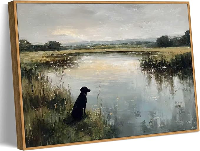 Framed Vintage Black Labrador Wall Art Farmhouse Landscape Canvas Poster Print Hunting Black Dog Picture Retro Animal Painting Artwork Wall Decor for Bedroom Living Room Bathroom 16x24in