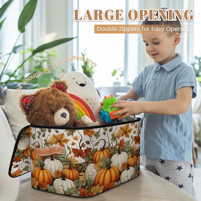Fall Pumpkin Storage Bins with Lids, Maple Leaf Fabric Storage Boxes with Zipper, Collapsible Decorative Closet Organizer Cube for Clothes,Organizing, Shelves