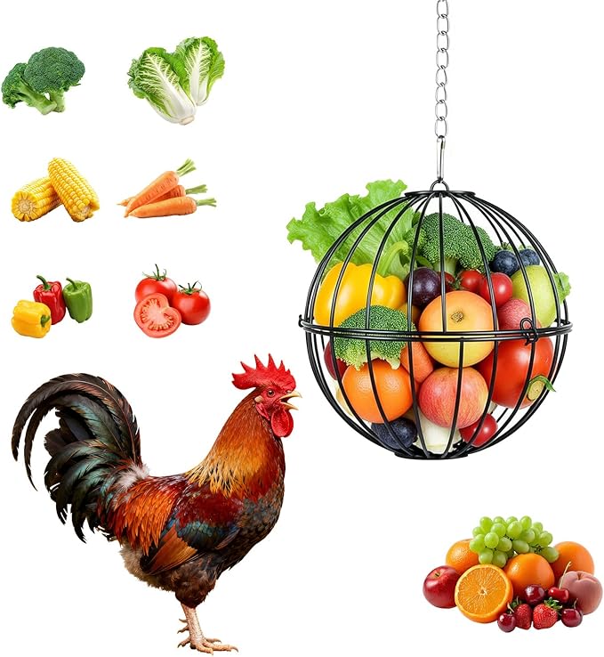 Hanging Chicken Feeder - 7.1 Inch Metal Chicken Treat Holder Ball with Hanging Chain, Sturdy Poultry Vegetable Fruits Feeder Basket for Chicken Coop