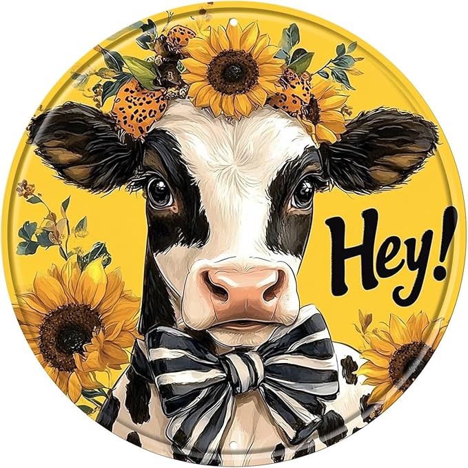 Cow Round Metal Tin Sign Wreath Hey Cow Farmhouse Wreath Rustic Vintage Western Wall Decor for Home Kitchen Bar Cafe Restaurant Garage Retro Wall Art Metal Plaque 8x8inch