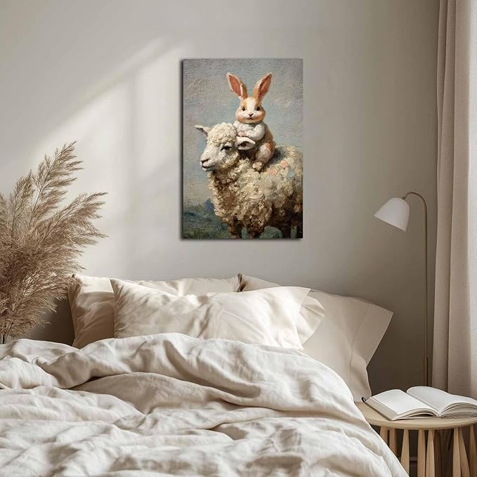 MNFGMH Easter Art Spring Bunny and Sheep Easter Canvas Prints Farmhouse Rabbit Pictures Artwork Modern Home Decor Gift Wooden Frame 24x36 inch