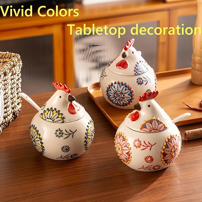 Ceramic Salt Cellar with Lid and Spoon, 13 OZ Large Chicken Salt Jar, Salt Holder for Counter, Coffee, Sugar, Spices and Candies, Salt Containers for Countertop (Blue)