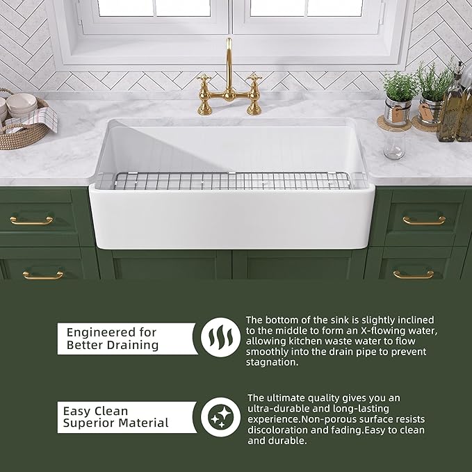 TUKTUK White Farmhouse Sink 30 inch Farm Sink Fireclay Apron Front Single Bowl Kitchen Sinks Deep Drop In Undermount Reversible Heavy Duty Easy-to-Clean Kitchen Basin with Luxury Modern Accessory Kit
