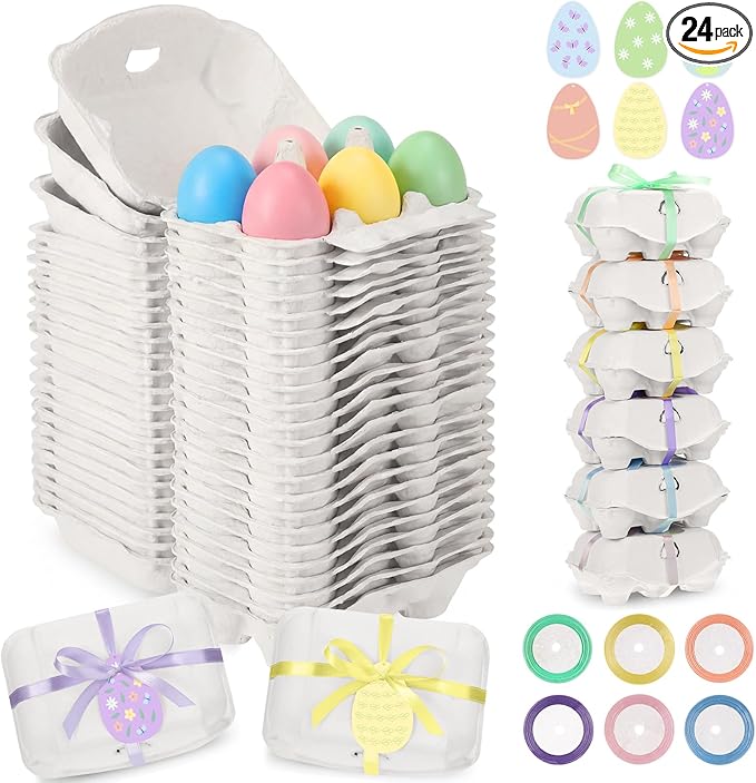 24 Pcs Half Dozen Easter Egg Cartons White Egg Holder Natural Pulp Paper for Chicken Eggs with Macaron Color Label Ribbon for Easter Gift, Arts and Crafts Reusable