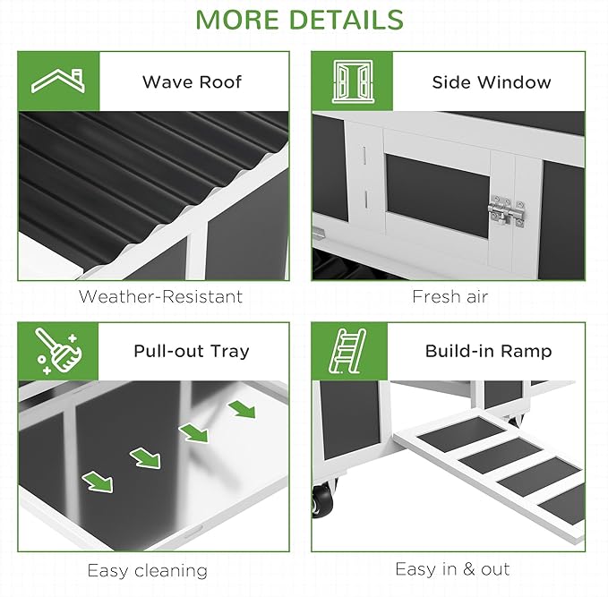 PawHut Wooden Chicken Coop, Chicken Tractor for 6 Chickens, Outdoor Poultry Cage Rabbit Hutch Duck Coop Hen House with Nesting Box, Tray, Windows, Dark Gray