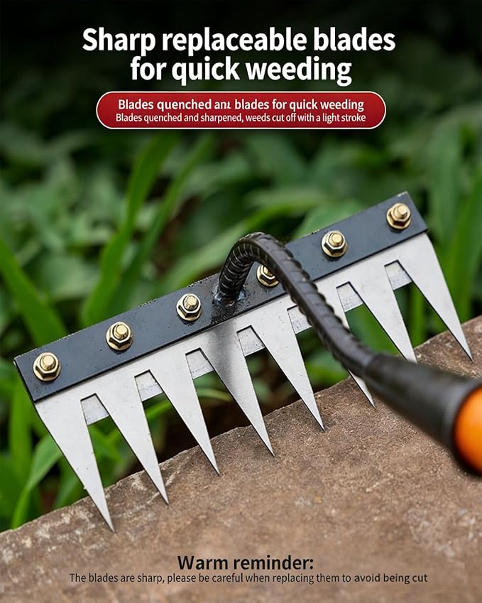 Garden Hand Rake Tool Manganese Steel 5/6/7/8 Teeth for Yard,Farm,Soil & Lawn Care Heavy Duty Weed Iron Metal Puller Grass Remover Landscaping Sickle Manual Thatch Cultivator Long Handle (8Teeth)