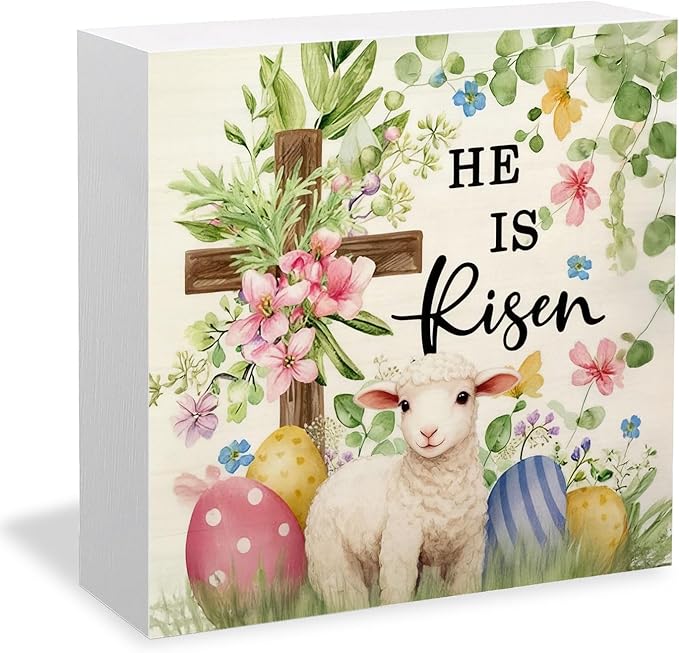 He Is Risen Easter Christian Lamb Wooden Box Sign Desk Decor, Spring Floral Cross Easter Sheep Egg Wood Signs for Bedroom Home Office Desk Table Shelf Decorations, 5x5 Inch
