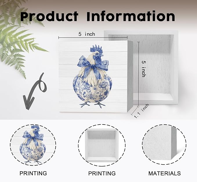 Blue and White Chinoiserie Chicken Wooden Signs, Grand Millenial Bow Blue Floral Home Decor Signs, Chinoiserie Porcelain Desk Decorations, Farmhouse Chicken Animal Kitchen Bathroom Decor