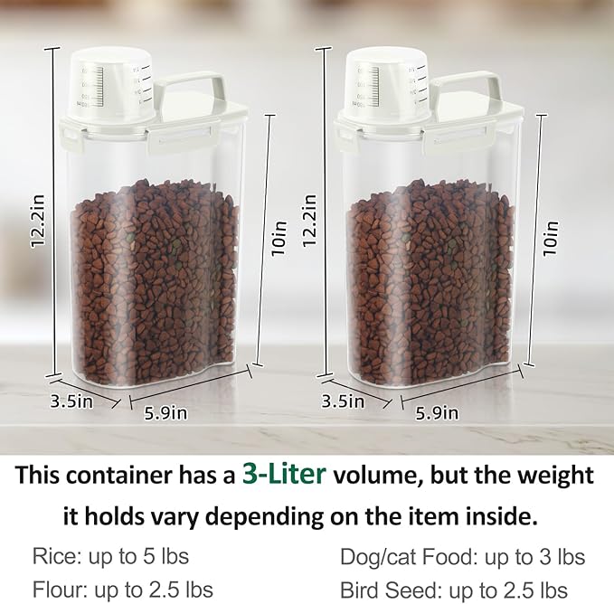 2 Pack 3 Lbs Dog Cat Food Storage Containers for Travel, Portable Pet Food Storage Container, Easy-Pouring Bird Seed Dispenser, Airtight Rice Cereal Oatmeal Flour Holder -Beige
