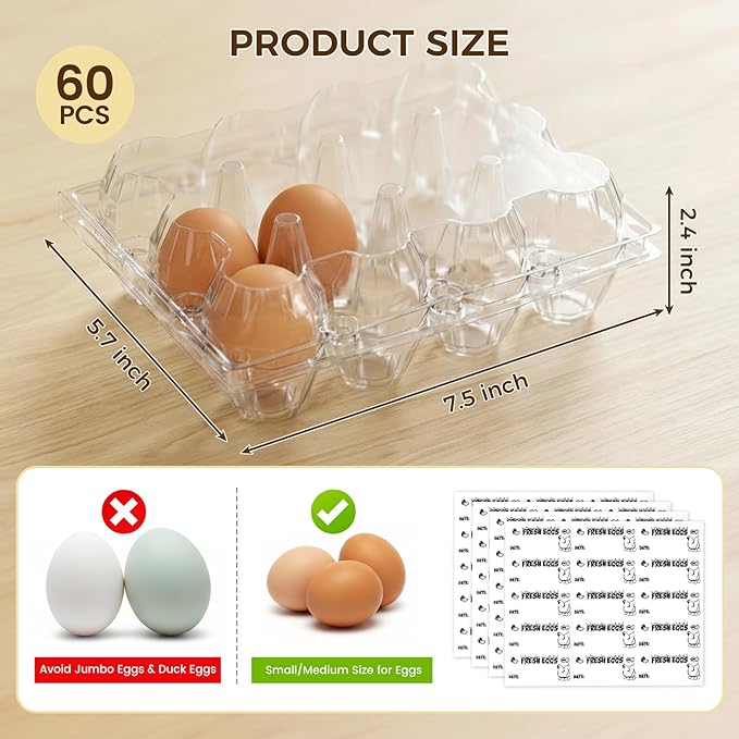 HAKSEN 60 PCS 12 Count Plastic Egg Cartons, with 60PCS Date Labels, Clear Reusable Egg Containers Holds for Fresh Medium Eggs Storage, Suitable for Farms, Family, Markets Display