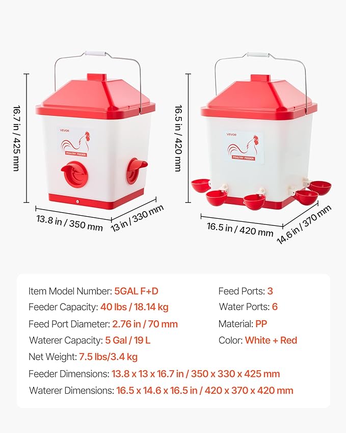 VEVOR Automatic Chicken Feeder & Waterer Set, 5 Gallon/40 Pounds, Rain Proof Hanging Poultry Feeder with Water Cup No Waste, Automatic Gravity, Avoid Small Animals, Suitable for Chicken, Duck, Turkey