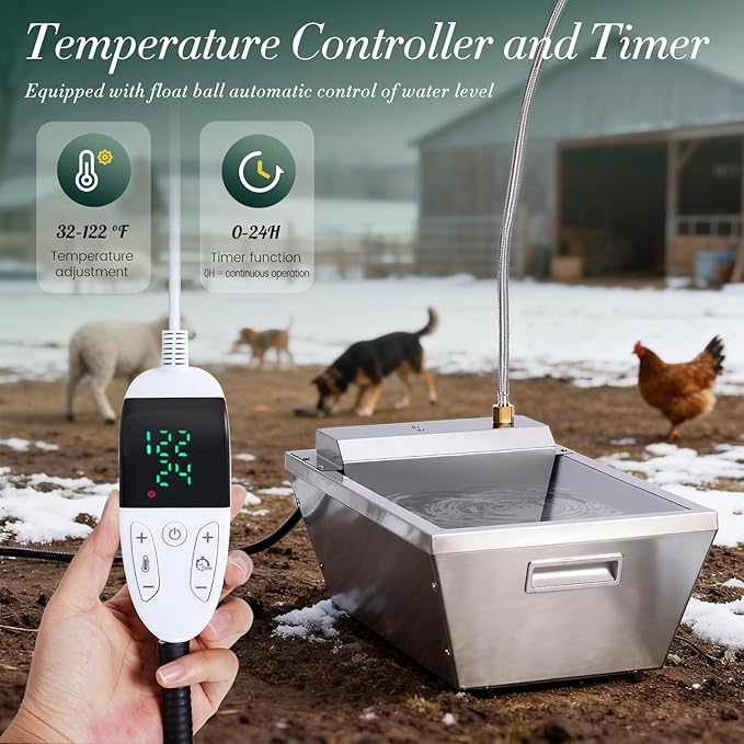 Heated Automatic Livestock Water Trough Heated Dog Water Bowl Outdoor Thermal Water Trough Auto Waterer for Large Dogs Horse Cattle Goat Sheep Pig, Adjustable Temperature & Timer
