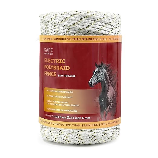 Electric Fence Wire 1000 ft, 1/4 inch (6 mm), Thick & Highly Conductive Tinned Copper Strands, Ideal for Temporary Pastures and Equine Containment Livestock, Work with Insulator & Charger