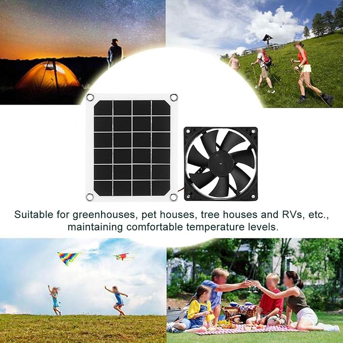 Solar Exhaust Fan, USB Solar Panel Fan Kit 6V 10W Outdoor Monocrystalline USB Charging for Small Chicken Coops, Greenhouses, Sheds,Pet Houses, Window Exhaust