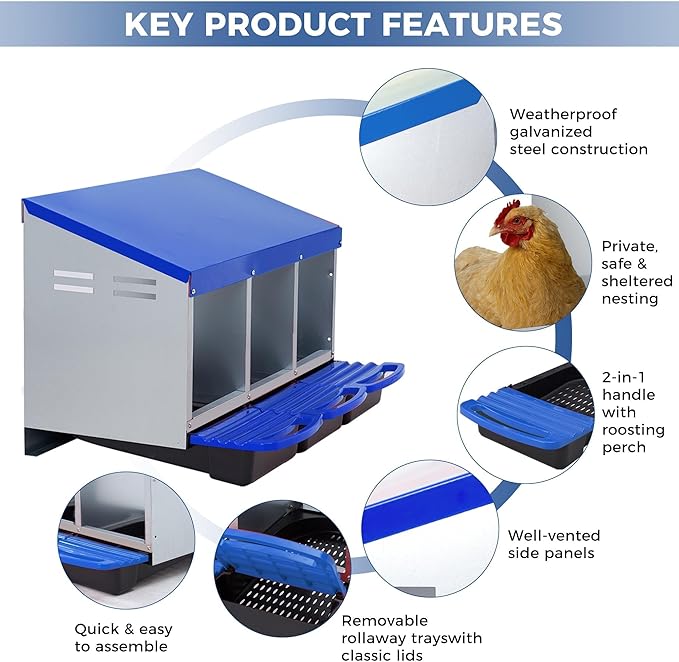 Chicken Nesting Boxes, Metal Rollaway Chicken Nest Box with Rollout Egg Collection, Removable Tray & Nesting Pads, Egg Laying Box for Chicken Coop Hens, Wall Mount or Standing, 3 Compartments, Blue