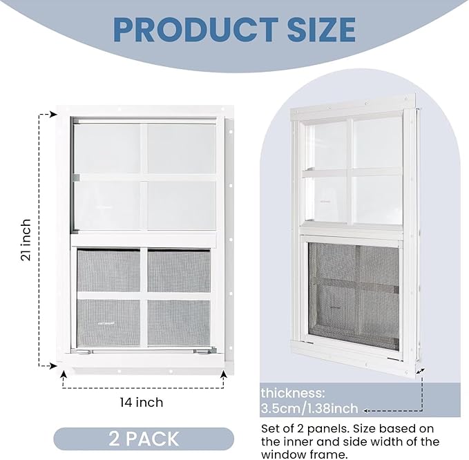 COLORPAPA 2 Pack Shed Windows,14" x 21" Flush Mount Small Window,Sliding Windows with Tempered Glass and Fiberglass Screen Shed, Chicken Coop, Playhouse, Household, Garage, Barns (White)