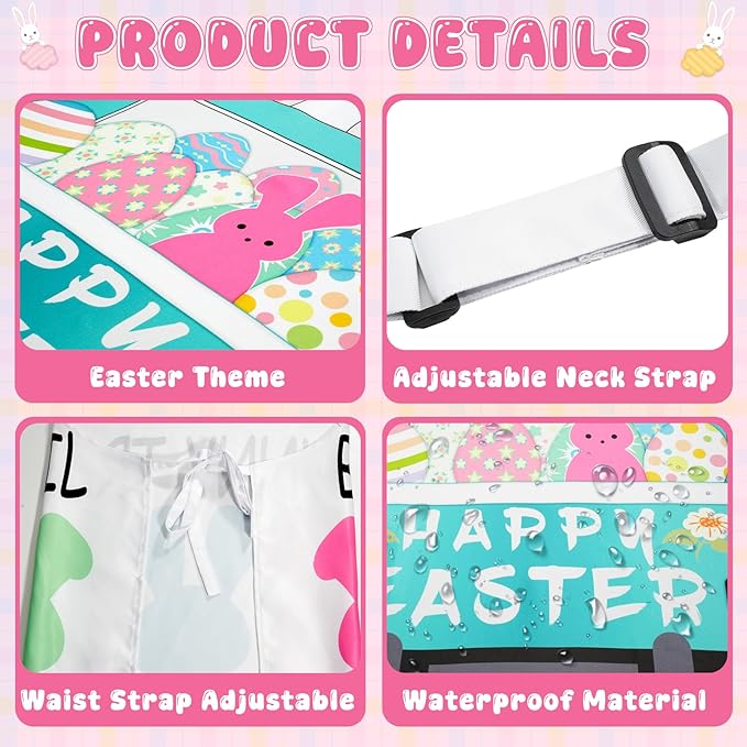 Easter Aprons Set of 4, Colorful Bunny & Easter Eggs Design - Kitchen Aprons for Adults & Kids, Easter Decorations for Home Indoor, Egg Collecting Apron, Bunny Gift & Festive Table Decor