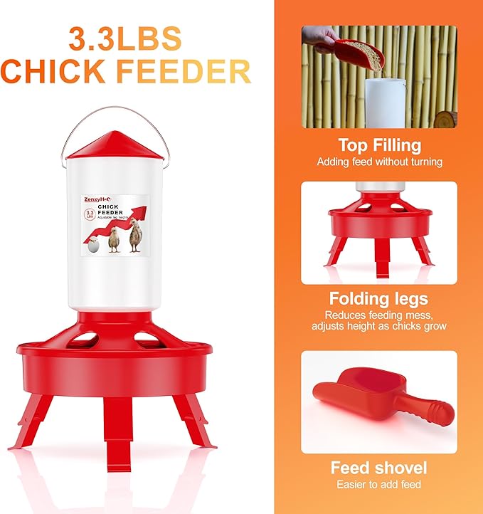 2-in-1 Chick Starter Set: 0.4 Gal Feeder and 0.4 Gal Waterer with Adjustable Legs for Baby Chicks, Includes Scoop, Hanging Hooks, Anti-Drown Design - BPA-Free Plastic (Red)
