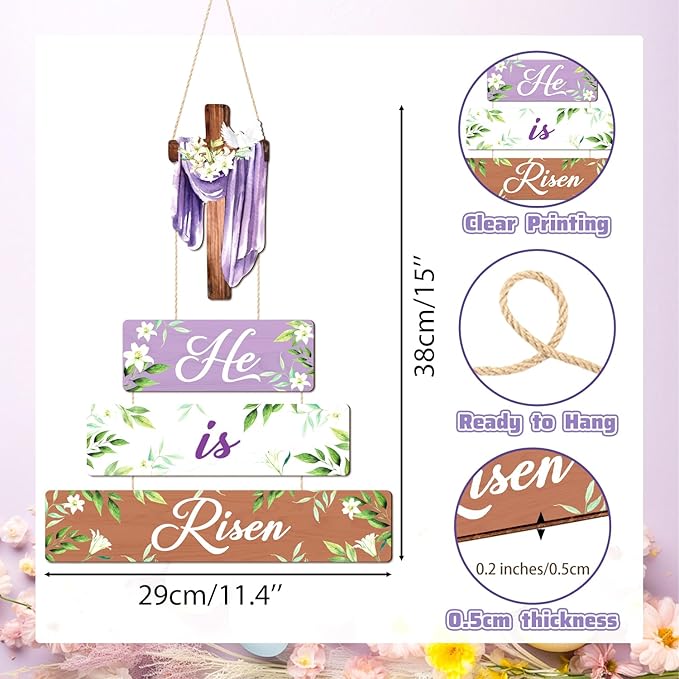 CHDITB Easter He is Risen Wooden Sign, Religious Cross Wooden Hanging Plaque, Spring Door Hanger, He is Risen sign, Faith Christian Wall Art Decor for Home Church Living Room Decoration