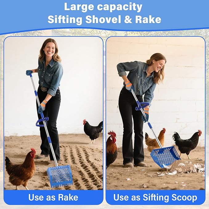 Chicken Poop Scooper, 10 Inch 2 in 1 Stainless Steel Sand Sifting Shovel & Rake with 35" to 62" Adjustable Length, Durable Litter Cleaner with Detachable Handle for Chicken Coop Farm Animal(Blue)