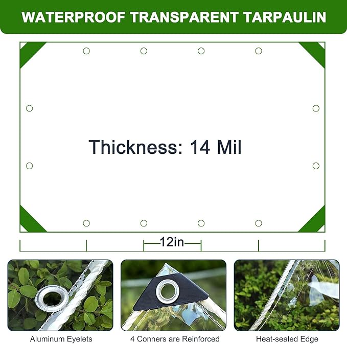 Clear Tarp 6x10ft Clear Tarps Heavy Duty Water Resistant,14Mil Thickened Transparent Tear Resistant PVC Vinyl Tarpaulin Enclosurewith Grommets and Reinforced Edges for Patio,Porch and Outdoor