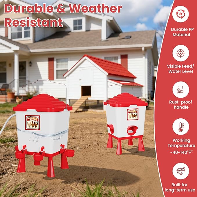 5 Gallon/26 Pounds Automatic Chicken Feeder and Waterer Set, Chicken Waterer with Automatic Float Valve, No Waste, Rain Proof Poultry Feeder, Chick Coop Accessories, for Chicken, Duck, Turkey