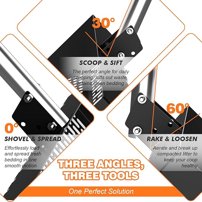 12 Inch Chicken Poop Scooper & Rake, 2-in-1 Stainless Steel Chicken Coop Scoop with Adjustable Handle, Litter Sifting Shovel Cleaning Tools for Chicken Coops, Yard Cleaning, Black[2026 Upgraded]