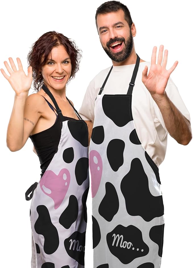 Chef Apron for Men Black and White Cow Print Love Heart Fun Aprons for Women for Kitchen Cooking Restaurant BBQ Painting Crafting 27” (W) x 31” (H), Waterproof Aprons