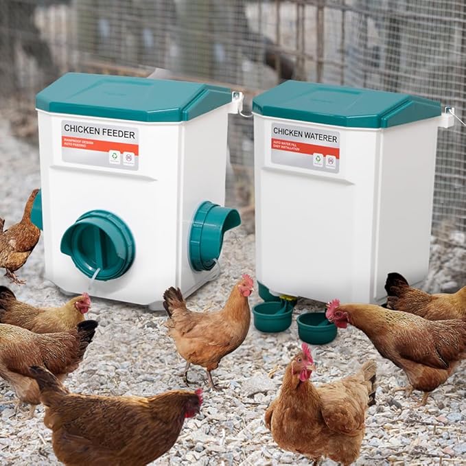 Chicken Feeder and Waterer Set, Chicken Coop Accessories with Hanging Chickens Poultry Feeder and Chicken Waterer Kit No Waste, 3 Gallon/26 Pounds, Blue