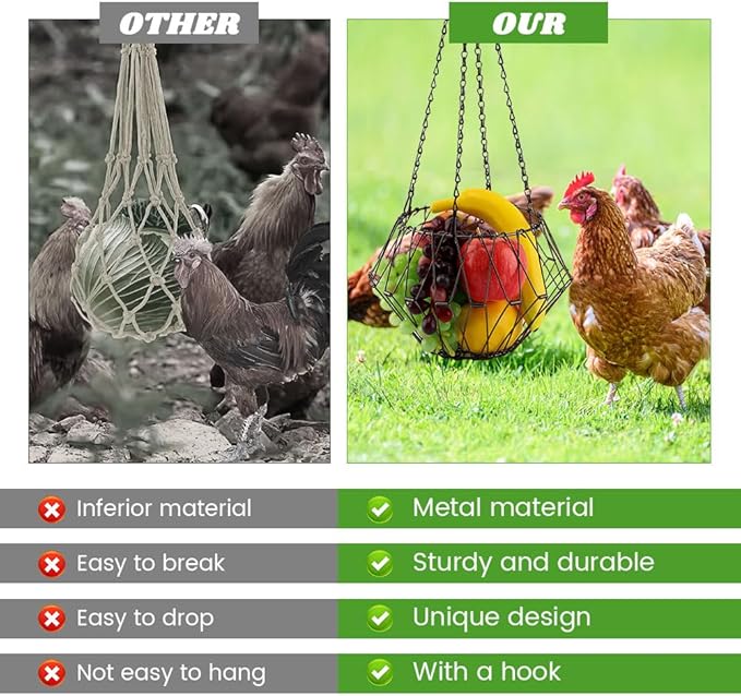 Hanging Chicken Feeder, 9.2 inches Large Poultry Vegetable Fruits Feeder Basket with 4Pcs Hanging Stainless Chain, Veggie Treat Ball for Chicken,Hens,Duck,Rabbit Coop(Size:1pc)