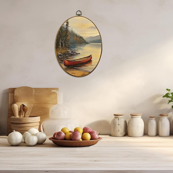 CUANFDDSF Vintage Rustic Lakeside Boat Oval Wall Art Decor, Farmhouse Country Wall Hanging Decor, Retro Countryside Landscape Framed Canvas Prints for Home Bedroom Living Room, 8.6x11.4 Inch