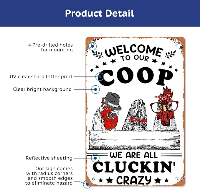 Metal Farm Signs: Funny Chicken Coop Decor - Home & Kitchen Gift - Chickens Plaque - 6 Pcs, 8x12 Inch